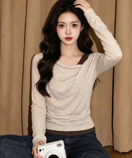 실사 순수한 욕망 바람 비스듬한 칼라 디자인 페이크 레이어드 긴팔 티셔츠 여성 가을 새로운 불규칙 허리 수축 몸매 가꾸기 맨위