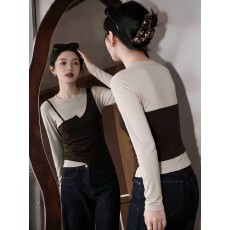 批发实拍<b class='q'>假两件</b>拼接撞色不对称长袖t恤女秋新款修身显瘦百搭别致<b class='q'>上衣</b>