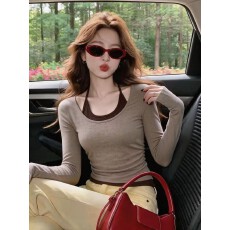 批发实拍秋季新款<b class='q'>假两件</b>挂脖T恤女长袖撞色修身显瘦设计感百搭<b class='q'>上衣</b>