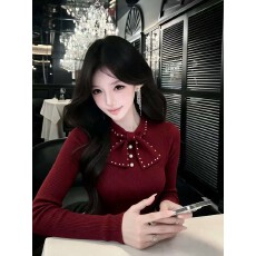 批发实拍复古风气质甜辣妹设计感钉珠蝴蝶结长袖针织衫女百搭外穿上衣