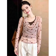 批发实拍早秋叠穿假两件不规则荡领时尚波点印花长袖t恤女百搭上衣