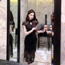 批发实拍高级感2026年轻款高端渲染植绒改良旗袍超修身显瘦网纱连衣裙