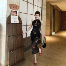 批发实拍新中式2026年轻款少女高端复古印花网纱改良旗袍超性感连衣裙