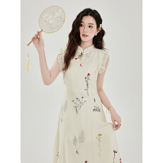 批发气质复古刺绣<b class='q'>连衣裙</b>女春夏显瘦长裙汉元素盘扣中国风禅意飞飞袖