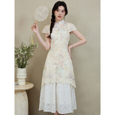 批发绝美新中式改良旗袍女夏蕾丝假两件镂空碎花<b class='q'>连衣裙</b>