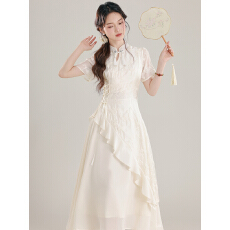 批发国风不规则荷叶边连衣裙<b class='q'>夏季</b>新中式连衣裙改良<b class='q'>旗袍</b>年轻款裙子