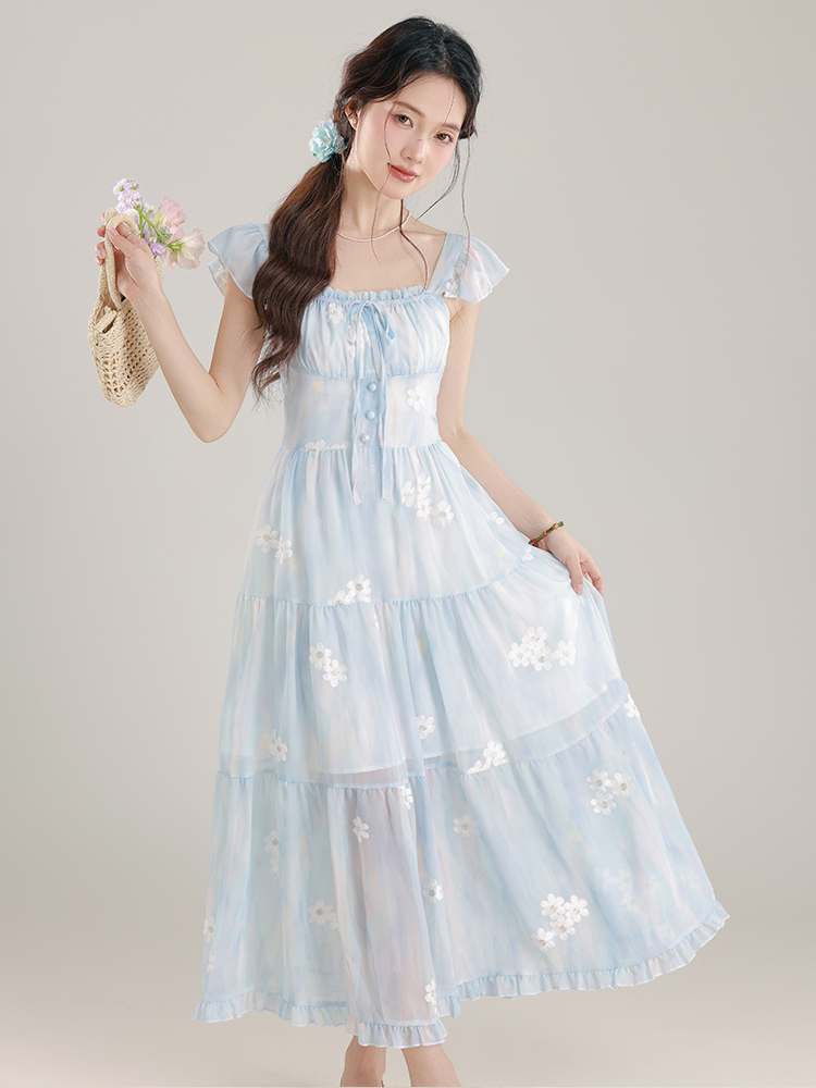MY8799# 蓝色长款雪纺印花小飞袖吊带连衣裙女夏季法式甜美显瘦裙子女裝貨源服裝批發