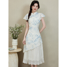 批发新中式改良绝美<b class='q'>旗袍</b>连衣裙女新款<b class='q'>夏季</b>国风水墨晕染连衣裙