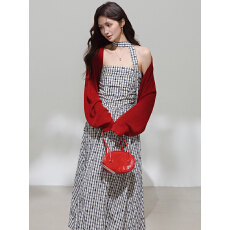 批发撞色格子立体小花显瘦<b class='q'>连衣裙</b>复古文艺风格纹掐腰抹胸裙配针织开衫