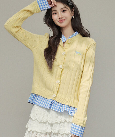 다용도 캐주얼 배색 아메리칸 레트로 오픈 가디건 체크무늬 패치워크 페이크 레이어드 스웨터 맨위 재킷