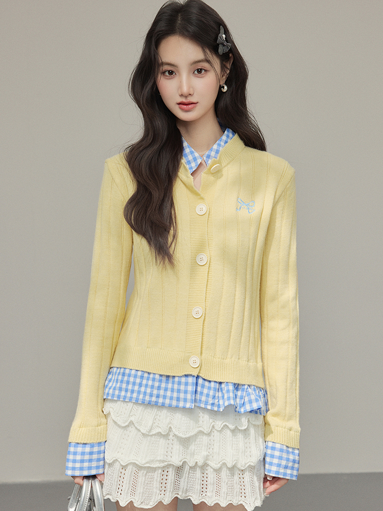 다용도 캐주얼 배색 아메리칸 레트로 오픈 가디건 체크무늬 패치워크 페이크 레이어드 스웨터 맨위 재킷