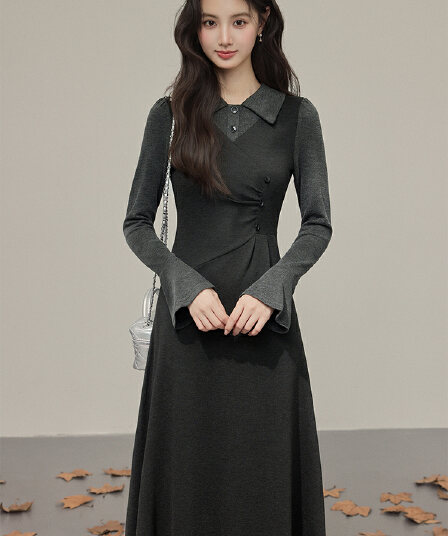 프랑스식 레트로 니트 드레스 고급 센스 여성 가을 겨울철 새로운 서리가 내린 부서 고유 한 Chic 치마