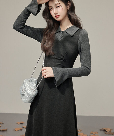 프랑스식 레트로 니트 드레스 고급 센스 여성 가을 겨울철 새로운 서리가 내린 부서 고유 한 Chic 치마
