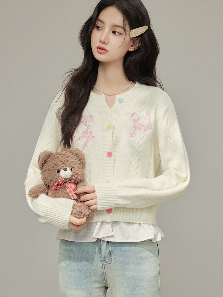 MY16792# 软糯毛衣外套绞花针织开衫糖果色纽扣猫咪下摆格子拼接毛衣女...