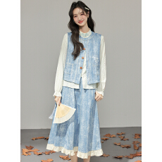 批发蓝色小清新牛仔提花套装裙女<b class='q'>春秋</b>2025新款设计感马甲半身裙三件套