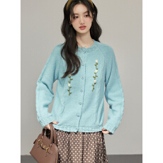 批发韩系秋<b class='q'>冬</b>蓝色刺绣钩花毛衣外套女秋<b class='q'>冬</b>外穿宽松慵懒风针织开衫上衣