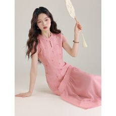 批发新中式晕染爱心<b class='q'>刺绣</b>旗袍夏新品假两件<b class='q'>连衣裙</b>