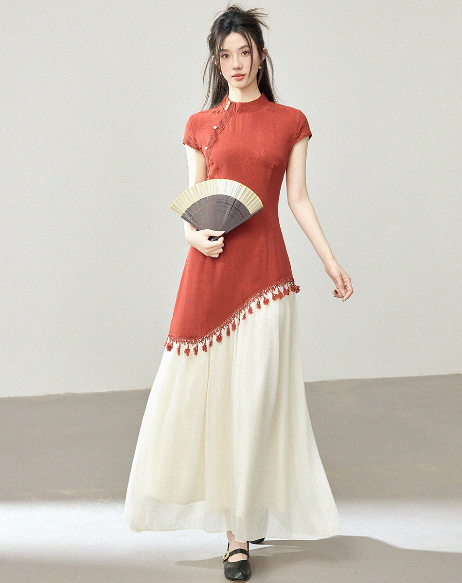 RY2497# 朱砂痣新中式红色流苏旗袍女早春度假日漂亮拼接假两件连衣裙