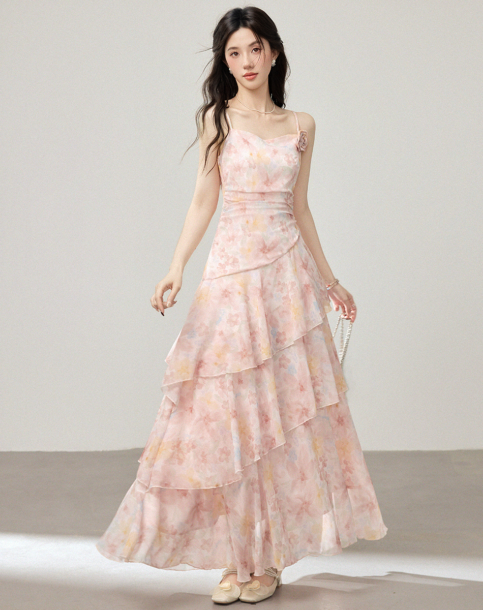 法式小资荷叶边印花连衣裙不规则鱼尾裙子碎花吊带度假日蛋糕裙