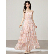 批发法式小资荷叶边印花连衣裙不规则鱼尾裙子碎花吊带度假日蛋糕裙