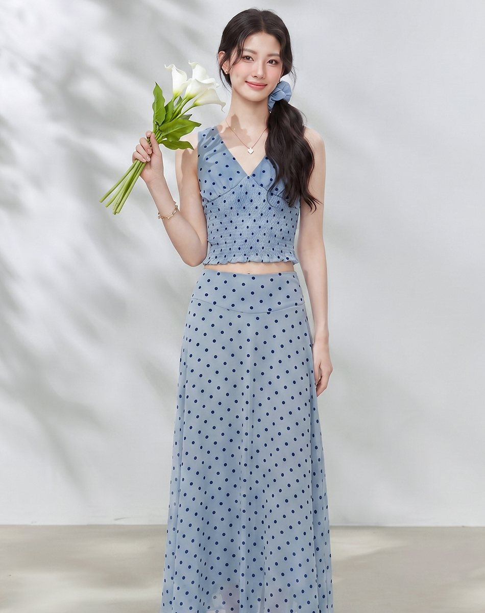 둘 색상 도트 무늬 망사 헤일로 염색 공예 허리 수축 슬림해 보이는 반신 스커트 레트로 도트 무늬 조끼 세트