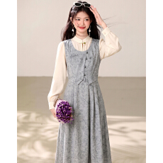 批发法式复古假两件衬衣<b class='q'>连衣裙</b>女打底裙温柔通勤撞色内搭显瘦气质长裙