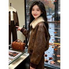 批发设计感拼接羊羔毛翻领机车棉服女<b class='q'>秋</b>冬松弛感宽松显瘦皮衣开衫外套