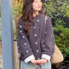 批发复古撞色波点韩系立领开衫上衣女装2025秋冬<b class='q'>新款</b>宽松显瘦百搭<b class='q'>外套</b>