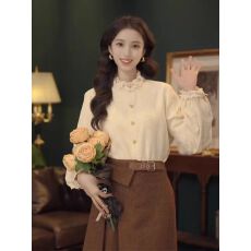 批发【暖花甜茶​​】复古港风秋冬厚款休闲百搭衬衫上衣