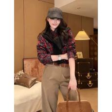 批发复古polo领格子长袖衬衫女秋<b class='q'>冬</b>宽松慵懒风设计感小众气质休闲上衣