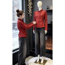 批发气质小翻领红色女轻奢小众洋气百搭显瘦2025春秋新款时尚法式上衣