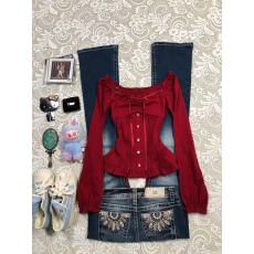 批发红色蕾丝蝴蝶结帮带长袖<b class='q'>T</b><b class='q'>恤</b>女秋冬季vintage古着穿搭