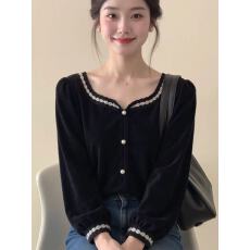 批发法式高级感黑色U领撞色灯笼袖丝绒上衣女25冬设计感小众绝美小衫