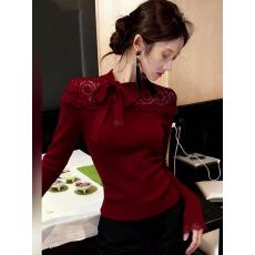 批发法式千金风蕾丝酒红色上衣女设计感拼接蝴蝶结打底衫2026春季新款