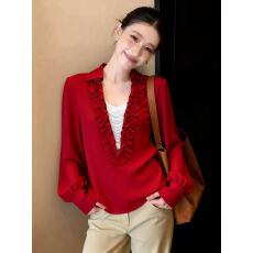 批发法式千金风蕾丝酒红色上衣女设计感拼接蝴蝶结打底衫2026春季新款