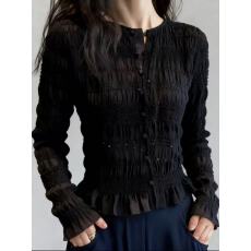 批发设计独特小众精致绝美黑色圆领开衫荷叶边上衣<b class='q'>收腰</b>显瘦2026年新款