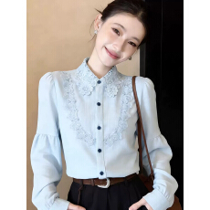 批发轻熟风法式蓝色蕾丝翻领衬衫女2026春季新款长袖气质显瘦衬衣上衣