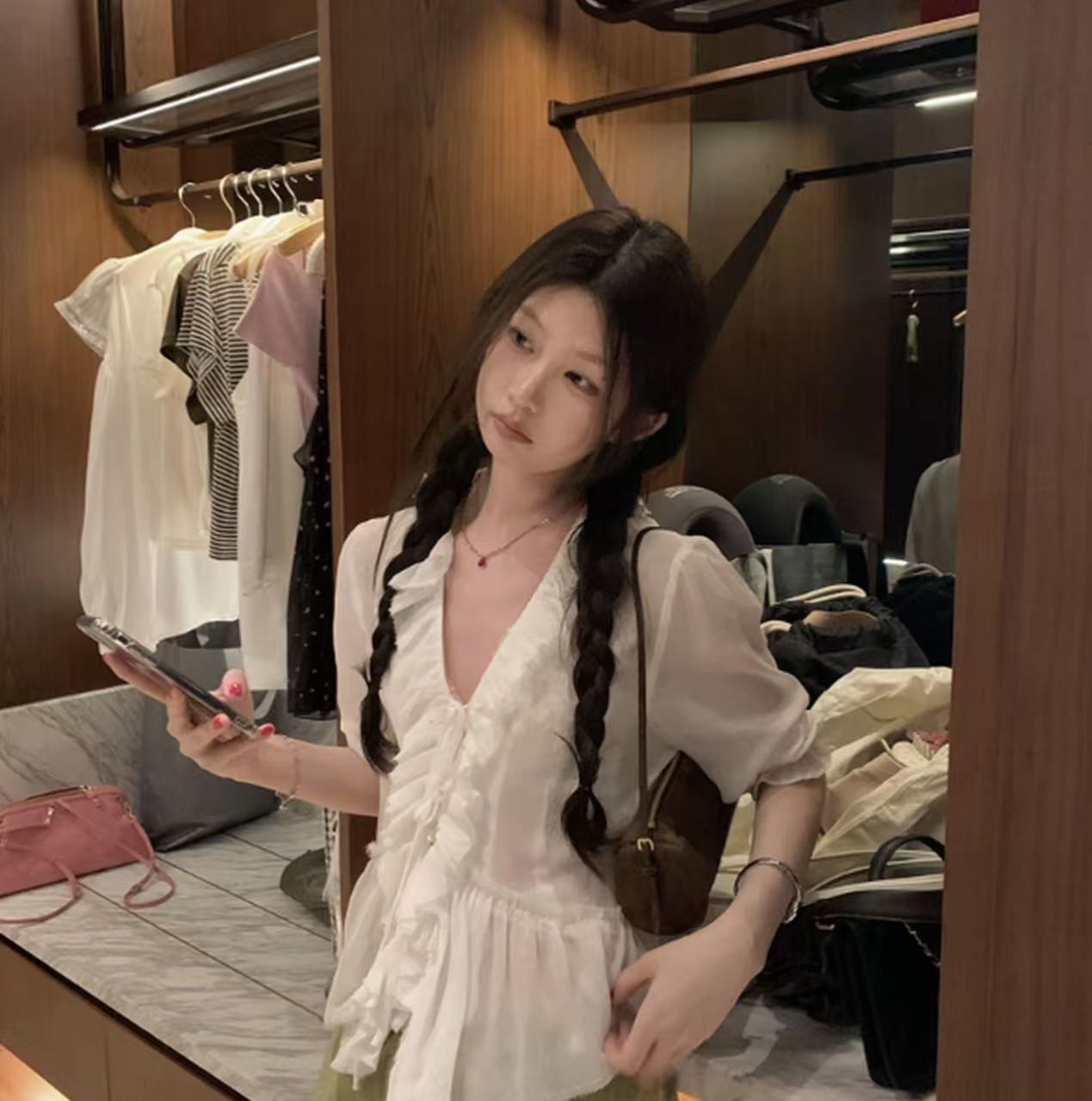 원 산소 센스 여름 V넥 프릴 레이스업 단색 셔츠