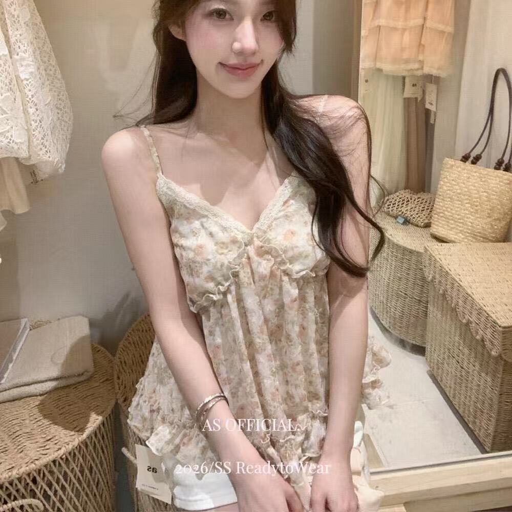 품격 달콤함 작은 청신 꽃무늬 디자인 센스 레이스 레이스 패치워크 맨위 쉬폰 캐미솔