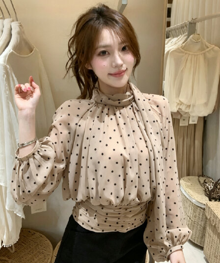 열세 개 여성 의류 가을 프랑스식 부드러운 품격 아름다움 라드. 도트 무늬 리본 작은 셔츠 허리 수축 커피 색상 맨위