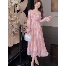 批发2026春季网红新款时尚法式天丝烫银工艺手工<b class='q'>钉珠</b>荷叶边大摆裙长裙