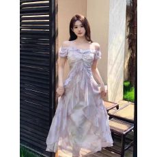 批发大码法式绝美荷叶边方领<b class='q'>连衣裙</b>女夏季胖mm氛围感露肩显瘦遮肚裙子