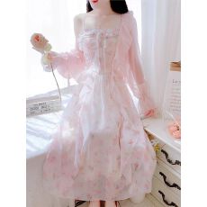 批发高级感甜美雪纺碎花长裙2025新款法式粉色吊带<b class='q'>连衣裙</b>两件套装女夏