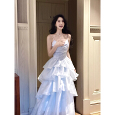 批发法式小资蓝色吊带修身<b class='q'>连衣裙</b>生日礼服<b class='q'>蝴蝶结</b>设计小众优雅多层次裙