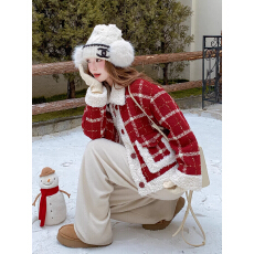 批发2025冬季新款时尚小香风红色格子羊羔毛<b class='q'>外套</b>加绒保暖短<b class='q'>外套</b>小个子