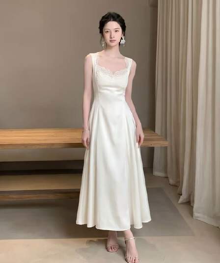 하나부터 순간 화이트 후아 우아함 품격 광장 칼라 레이스 레이스 슬립 드레스 스트랩 허리 수축 슬림해 보이는 치마