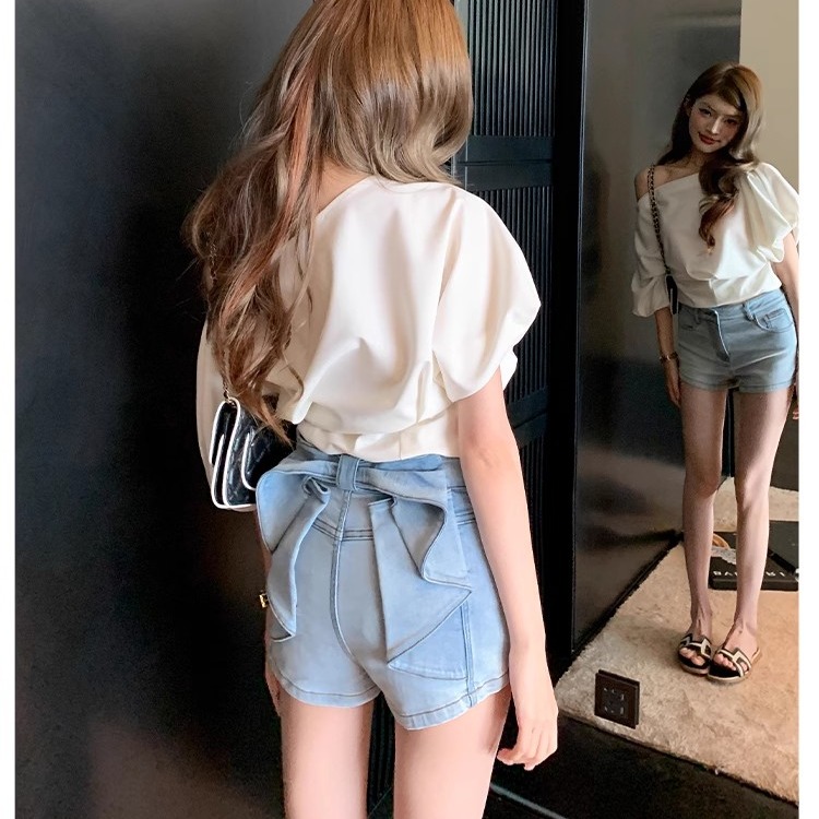 MY9107# 地球店浅蓝色水洗蝴蝶结修身牛仔短裤女夏显腿长辣妹弹力紧身热...