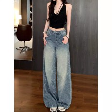 批发李李服饰满天星河<b class='q'>烫钻</b>阔腿<b class='q'>牛仔裤</b>女2025秋季高腰宽松高级感拖地裤