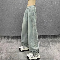 批发侧边口袋设计<b class='q'>钉珠</b>牛仔弯刀裤女春新款高腰宽松显瘦百搭直筒阔腿裤