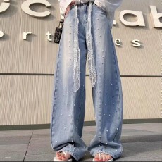 批发欧货珍珠弯刀<b class='q'>牛仔裤</b>女新款复古<b class='q'>钉珠</b>高腰百搭显瘦阔腿裤子